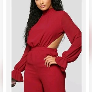 Pre-loved Fashion Nova Open Heart Chiffon Jumpsuit - Red - Size large
